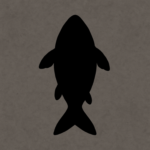 The dark shadow  silhouette of a fish. Top down view.
In-Game asset.  2d.  High contrast.  No shadows