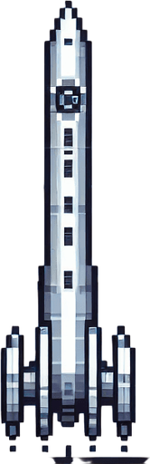 pixelart of a tall and thin spaceship, no background
Single Game Texture. In-Game asset. 2d. Blank background. High contrast. No shadows.