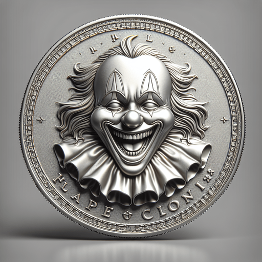 silver coin with clown image.
Single Game Texture.  In-Game asset.  2d.  Blank background.  High contrast.  No shadows