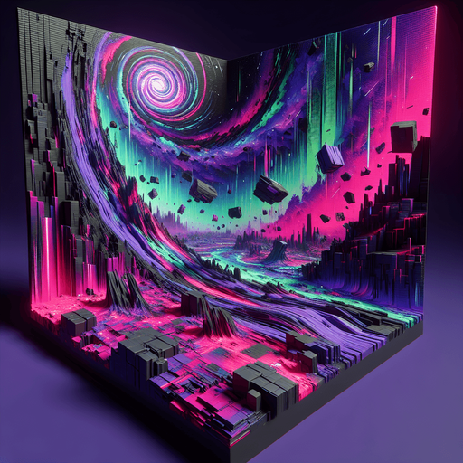 Backdrop: A warped reality scene with twisting, fragmented terrain and a swirling vortex in the background.

Colors: Deep purples, neon pinks, and electric greens.

Details: Fractured floating rocks and glitch-like patterns..
Single Game Texture. In-Game asset. 2d. Blank background. High contrast. No shadows.