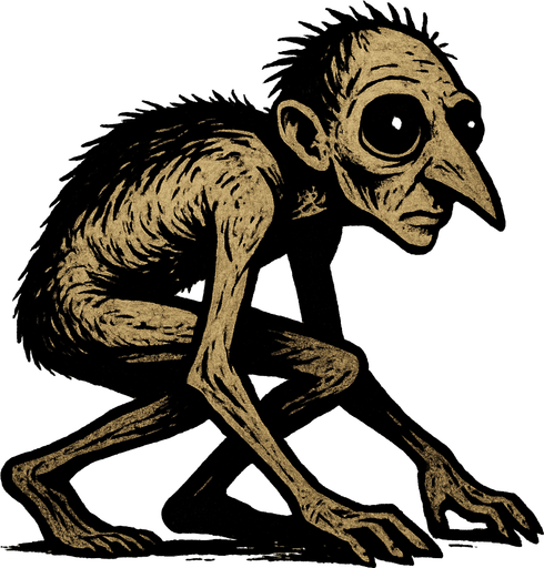 The image depicts a strange, humanoid creature with an unusual and unsettling appearance. It has a small, elongated head with a pointed nose and large, dark eyes that seem to bulge slightly. The creature has sparse, dark hair on its head, which appears messy and uneven. Its body is thin and frail, covered with patchy, coarse hair across its back and sides. The creature is crouched on all fours, with long, thin arms and legs that bend awkwardly. Its skin looks pale and wrinkled, and it has a hunched posture, as if it is crawling or moving slowly..
In-Game asset.  2d.  High contrast.  No shadows