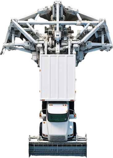 Zenith view of a white rectangular Harvester shape of a garbage truck with a triangular head. Harvesting on sand, with flowing spice in the back. inside a square fence.
Zenith view. Directly overhead. Plumb view.