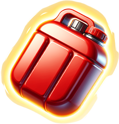 A cute cartoon-style small fuel tank with rounded edges red color, glossy metal finish, and a little red cap. Add a glowing yellow outline to make it pop. It should look lightweight and collectible, floating gently in the air..
Single Game Texture.  In-Game asset.  2d.  Blank background.  High contrast.  No shadows