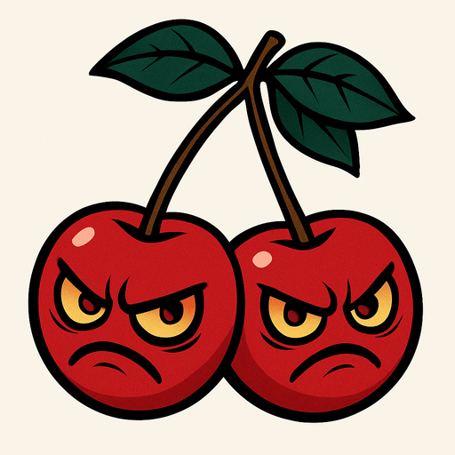 La Petacereza es un par de cerezas gemelas de un rojo intenso y brillante, unidas por sus delgados tallos que se juntan en una pequeña ramita coronada por tres hojas verdes oscuras. Cada fruto tiene rasgos agresivos: ojos amarillentos con iris rojizos y cejas fruncidas, y bocas torcidas en muecas de enfado que sugieren su inminente explosión. Sus superficies lucen suaves, con leves reflejos que acentúan su redondez perfecta..
In-Game asset.  2d.  High contrast.  No shadows