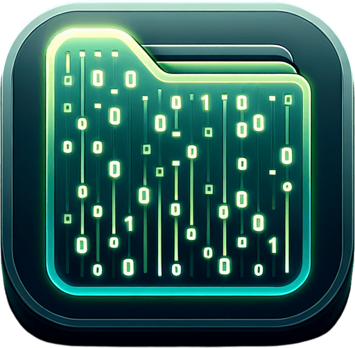 A square folder icon with rounded edges, designed to represent a storage app for binary files. The folder graphic in the center is smooth and minimalistic, featuring faint, glowing neon accents in matrix green to suggest a post-apocalyptic and tech-savvy theme. Subtle rows of binary digits ('0' and '1') are faintly integrated into the folder's surface, blending seamlessly with the design. The background is a clean gradient transitioning from dark grey to soft teal, evoking a sense of advanced technology and digital precision. The overall appearance is sleek, professional, and minimalistic, making it suitable as a 2D game asset with a blank, high-contrast background and no shadows.