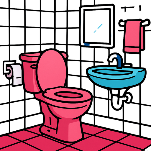 A bathroom with a pink toilet.
In-Game asset.  2d.  High contrast.  No shadows