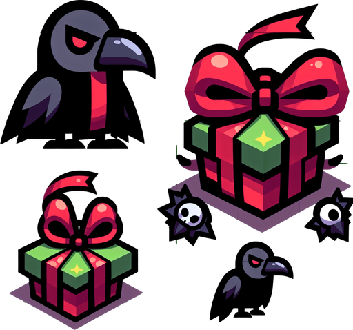 Cartoon of a christmas present, evil raven style, side view Single Game Texture. In-Game asset. 2d. Blank background. High contrast. No shadows.