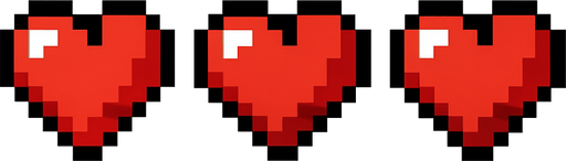 tres corazones hechos con pixeles.
In-Game asset.  2d.  High contrast.  No shadows