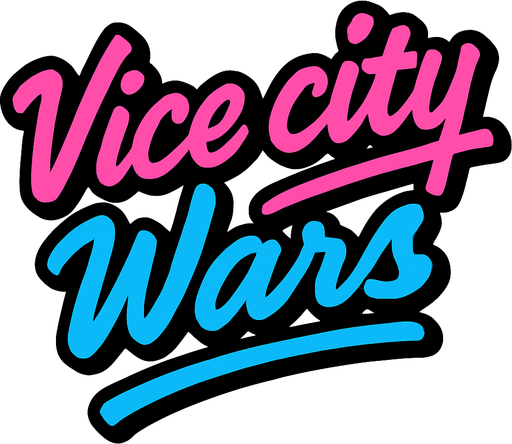 letras de color rosa y azul y con cursiva que digan vice city wars.
In-Game asset.  2d.  High contrast.  No shadows