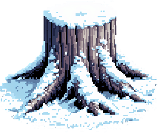 pixel art of a tree stump covered in snow. Single Game Texture. In-Game asset. 2d. Blank background. High contrast. No shadows.
