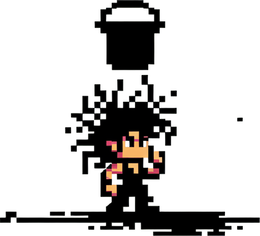 8 bit girl with wild hair holding up a  big bucket above her head to catch water, punk rock, main character.
Single Game Texture. In-Game asset. 2d. Blank background. High contrast. No shadows.