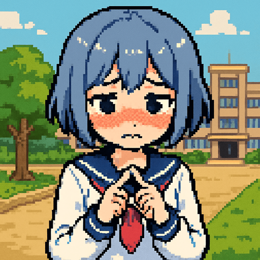 Stella is a sweet and very kawaii 15-year-old anime girl with short, soft blue-gray hair (HEX: #b0b9d8) and black eyes. She wears a traditional Japanese school uniform called a sailor fuku. Stella is extremely shy—she blushes easily, avoids eye contact, and often covers herself when she feels nervous. In this Pixel Art scene, she’s gently touching the tips of her index fingers together, a classic gesture of shyness seen in anime. Behind her is the courtyard of a Japanese middle school, completing the charming school setting..
In-Game asset.  2d.  High contrast.  No shadows