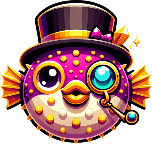 the face of a puffer fish with a top hat and monocle. facing straight forward. cartoon. color
Single Game Texture.  In-Game asset.  2d.  Blank background.  High contrast.  No shadows