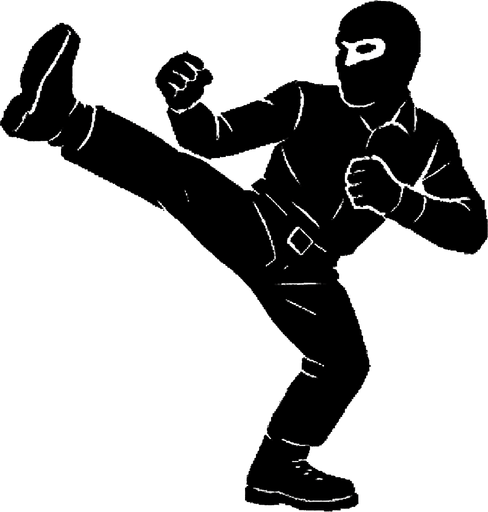 hombre con camisa negra de manga larga, pantalones negros, botas negras y guantes negros y un pasamontañas negro dando una patada de artes marciales
In-Game asset.  2d.  High contrast.  No shadows