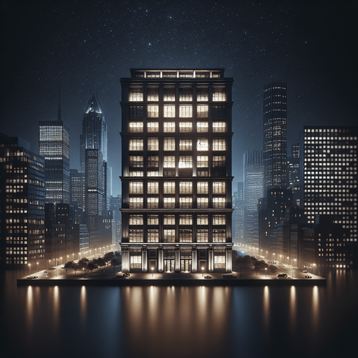 Photorealistic office house at New york night from front view.
