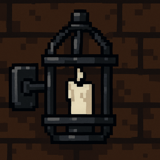 A unlit metal cage sconce like you find on a dungeon wall. White candle inside. Pixel art..
In-Game asset.  2d.  High contrast.  No shadows