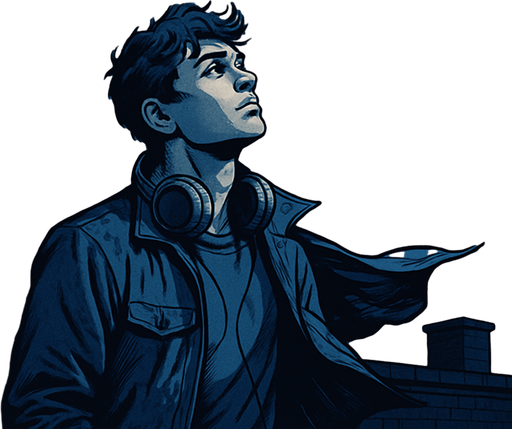 2048x2048, realistic comic style. Night sky on a rooftop, Noah gazes at the stars with headphones around his neck. Gentle wind flutters his jacket. Deep blue, nostalgic color tones. Add a transparent narrator box at the top-center with the text: "But echoes never truly die...".
In-Game asset.  2d.  High contrast.  No shadows