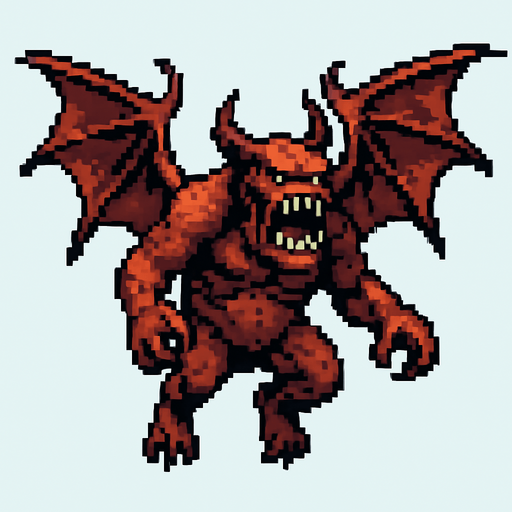 monster giant with wings, flying , pixel art, no background. In-Game asset. 2d. High contrast. No shadows.
In-Game asset.  2d.  High contrast.  No shadows