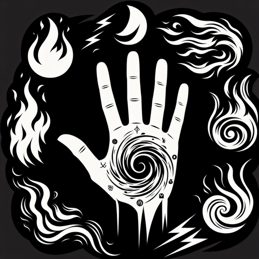 A hand silhouette centrally placed, with symbolic representations of different elements (fire, ice/water, lightning/wind) swirling around it or emanating from the fingertips. Could also be intersecting elemental runes..
Single Game Texture.  In-Game asset.  2d.  Blank background.  High contrast.  No shadows