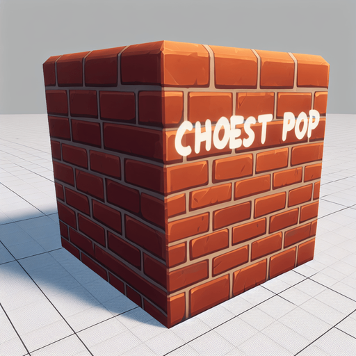a forward facing brick with the writing "Chest Pop" Single Game Texture. In-Game asset. 2d. Blank background. High contrast. No shadows.