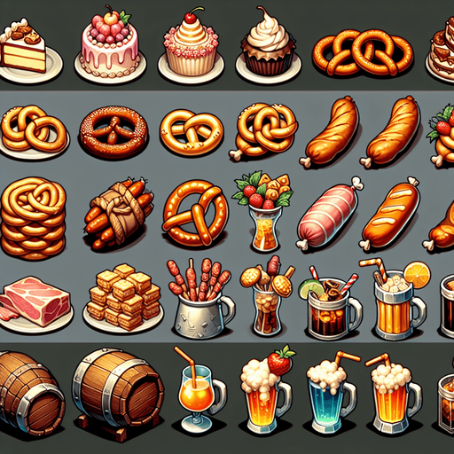 A spritesheet full of different delicious medieval cakes, snacks, pretzels, sausages, hams, and beverages..
Single Game Texture. In-Game asset. 2d. Blank background. High contrast. No shadows.