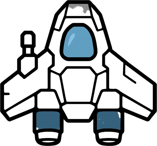 Design a basic 2D top-down spaceship with a compact, angular body and minimal detailing. The ship should have a small central cockpit, two modest rear thrusters, and one weapon mount. Colors are simple — grays and blues — suggesting a utilitarian design. It should look like a beginner’s ship: reliable but not advanced.
In-Game asset.  2d.  High contrast.  No shadows