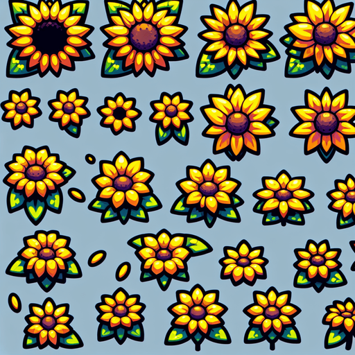 A sprite sheet of different yellow sunflowers seen from above. Cartoon. All similar size. Just the blossom. Bold colors and shading. 
Single Game Texture. In-Game asset. 2d. Blank background. High contrast. No shadows.