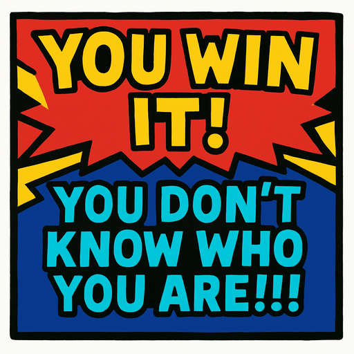 Make a banner "YOU WIN IT! YOU DON'T KNOW WHO YOU ARE!!!".
In-Game asset.  2d.  High contrast.  No shadows