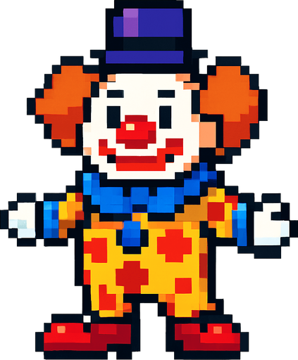 Create pixel art clown with no background.
In-Game asset.  2d.  High contrast.  No shadows