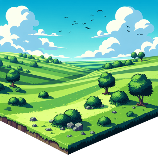 the fields of Britain, cartoon style.
Single Game Texture. In-Game asset. 2d. Blank background. High contrast. No shadows.