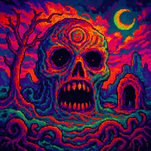 saturated themed psychedelic horror pixelated game style background scene. In-game asset. Surrealistic. dreamy.
In-Game asset