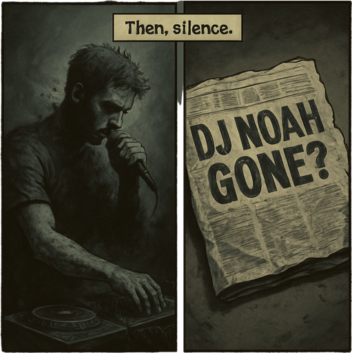 Realistic comic book style, 2048x2048. Split-frame design: left half shows Noah mid-performance dissolving into shadows; right half shows a crumpled newspaper with the headline "DJ NOAH GONE?". Desaturated colors, somber mood. Add a transparent narrator box at the top-center with the text: "Then, silence." in comic font..
In-Game asset.  2d.  High contrast.  No shadows