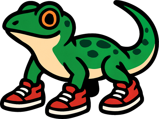 Crea una lagartija con tenis.
In-Game asset.  2d.  High contrast.  No shadows