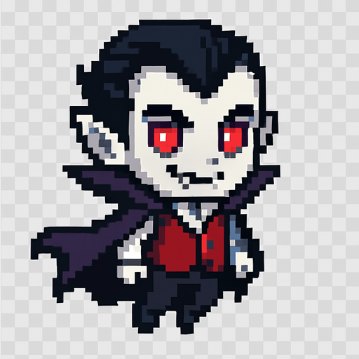 El vampiro debe ser un personaje pequeño y estilizado en estilo pixel art, con piel pálida o gris clara, ojos rojos o morados brillantes, colmillos visibles en una leve sonrisa y una capa negra o púrpura que se mueva ligeramente al caminar; debe llevar un traje elegante con chaleco rojo, camisa blanca y pantalones oscuros, y tener el clásico peinado de viuda con cabello negro bien marcado; su expresión puede ser confiada o misteriosa, y la animación puede incluir un leve flote o agitación de la capa; todo debe ser caricaturesco y simpático, sin parecer aterrador, con fondo transparente para integrarse en un juego casual o fantástico..
In-Game asset.  2d.  High contrast.  No shadows