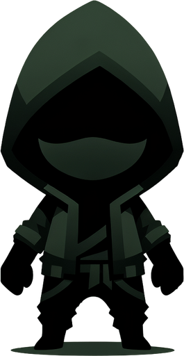 A ninja kid thief, full body, with a dark green hoodie.
Single Game Texture. In-Game asset. 2d. Blank background. High contrast. No shadows.