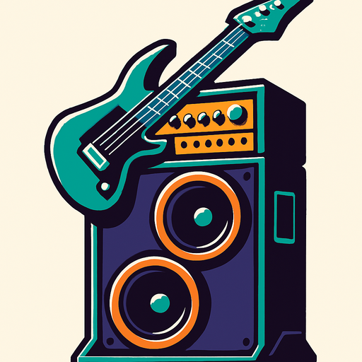 Torre de guitarra moderna, futurista con amplificacion..
In-Game asset.  2d.  High contrast.  No shadows