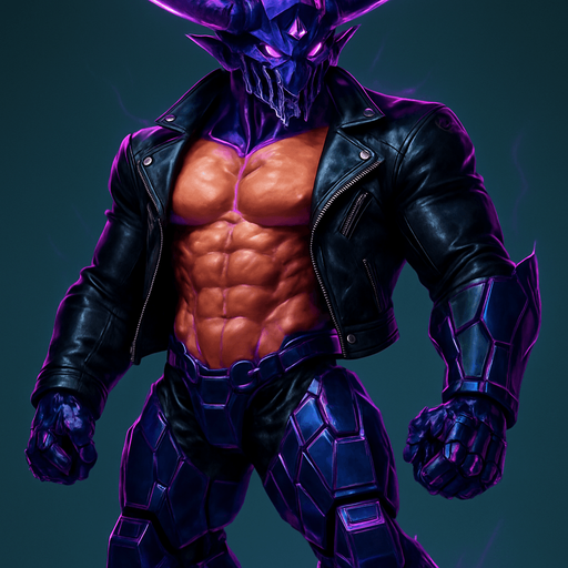 Black leather biker jacket longsleeves shirtless muscles pecs abs hunky demon cyborg robot mecha cyberpunk neon manga futuristic monster stud beefcake