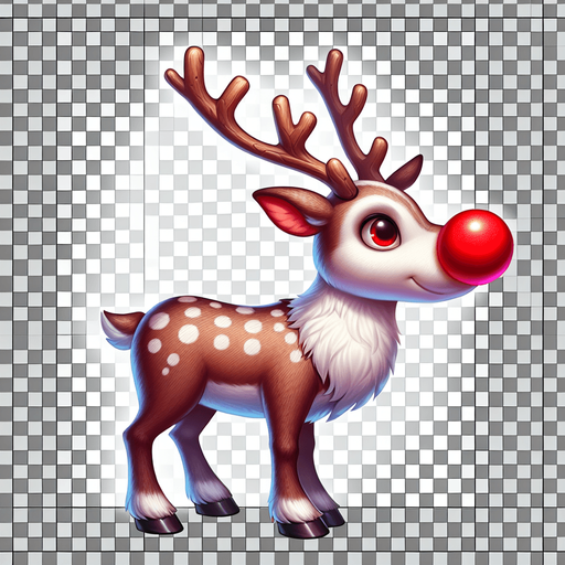 Rudolf the adult rednose Raindeer in a full side viewed position Single Game Texture. In-Game asset. 2d. Blank background. High contrast. No shadows.