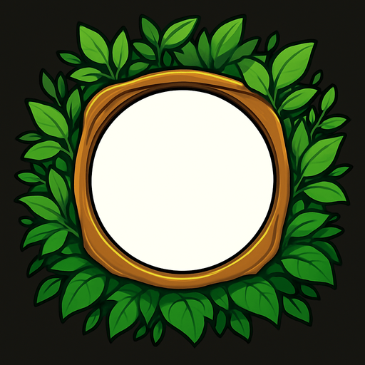 çember şeklinde bir görseli  çerçeve içine alan çevresi yeşillik çerçeve.
In-Game asset.  2d.  High contrast.  No shadows