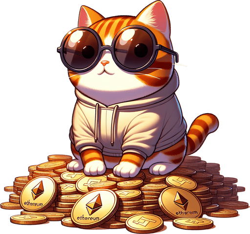 The character in the image, a delightful cartoon-style orange tabby cat adorned with noticeable stripes, finds itself in an intriguing new setting. It has a round face, concealed behind a pair of oversized, round, dark opaque sunglasses, giving it a look of cool curiosity. In a departure from its usual relaxed posture, the cat now stands majestically atop a vast pile of Ethereum tokens, its body small and chubby against the backdrop of digital wealth. Clad in its simple, light-colored hoodie with a drawstring, the cat appears both out of place and perfectly at home on this crypto mountain. Its paws are visible in front, slightly adjusted to maintain balance, while it surveys its surroundings with a playful whimsy. This unique scenario, mixing the cat's casual mascot charm with the world of cryptocurrency, perfectly suits a character in a children's book, introducing young readers to the concept of digital currencies in a fun and imaginative way..
Single Game Texture. In-Game asset. 2d. Blank background. High contrast. No shadows.