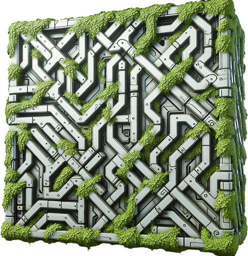 a big metal maze with vines covering it everyware.
Single Game Texture.  In-Game asset.  2d.  Blank background.  High contrast.  No shadows