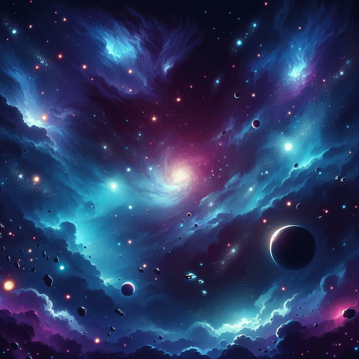 A vibrant and dynamic 2D space background for a top-down space shooter game. The scene features a deep, dark space filled with glowing nebulae in shades of blue and purple, scattered distant stars, and swirling cosmic dust. A subtle parallax effect is suggested with faintly glowing planets and asteroids in the background. The atmosphere is slightly mysterious and futuristic, with soft light gradients to create depth. The overall tone is immersive but does not distract from gameplay, ensuring clear visibility of player and enemy ships..
Single Game Texture.  Blank background.  High contrast.  No shadows