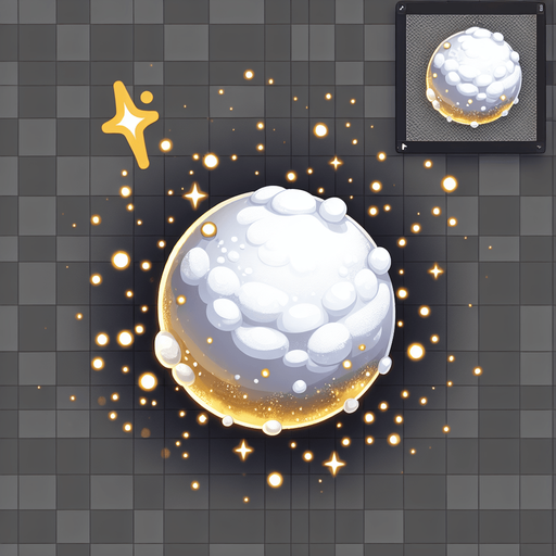 a snowball with magical powder, white color with golden tone, cartoon Single Game Texture. In-Game asset. 2d. Blank background. High contrast. No shadows.