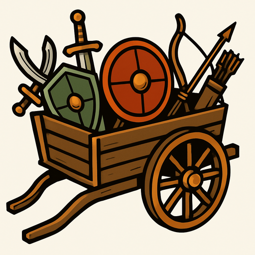 Kılıç kalkan ok yay gibi savaş malzemeleri taşıyan at arabası.
In-Game asset.  2d.  High contrast.  No shadows