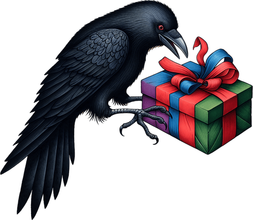 a pergament with a raven stealing a christmas present on the top. At the bottom is the text: "Not only are ravens happy to receive gifts and are appeased by them, they also like to give the gift back... with deadly intent."