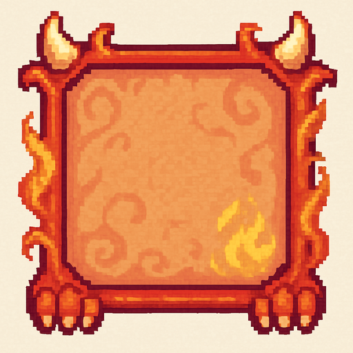 A square pixel art character selection frame inspired by a cute baby dragon. The frame includes fantasy elements like tiny dragon horns on the top corners, small claws at the bottom, and subtle flame or smoke decorations curling around the edges. The background inside the frame should have a soft and decorative texture, matching the baby dragon theme, using soft red, orange, and golden tones. The character will be placed on top of this frame later, so leave the center visually calm and not too detailed. The frame should be viewed from the front and designed for a 2D game UI..
In-Game asset.  2d.  High contrast.  No shadows. pixel art. front view. fantasy. cute. retro. pastel colors. ui element
