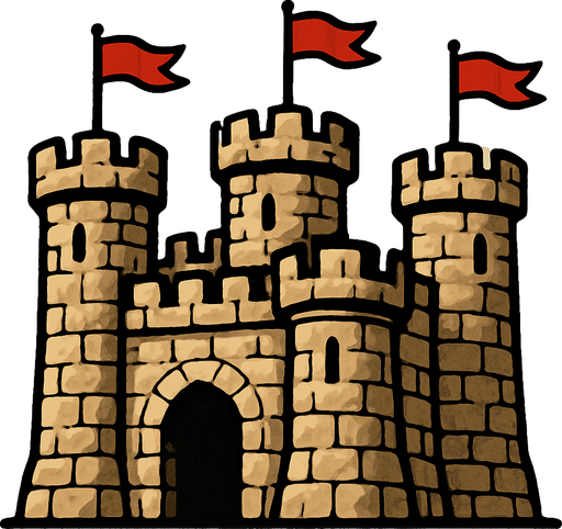 Taştan ve dört tane kulesi olan kırmızı bayraklar asılı kale.
In-Game asset.  2d.  High contrast.  No shadows