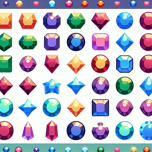 Match 3 gem sprite sheet.
Single Game Texture. In-Game asset. 2d. Blank background. High contrast. No shadows.