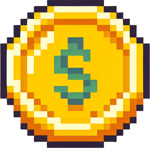 simple pixel art coin and yellow.
Single Game Texture. In-Game asset. 2d. Blank background. High contrast. No shadows.