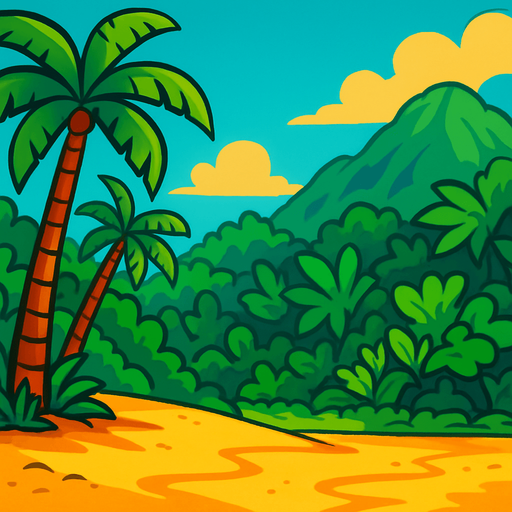The beach of a tropical island, though the ocean is not to be seen in the background there is just a vibrant jungle.
In-Game asset.  2d.  High contrast.  No shadows